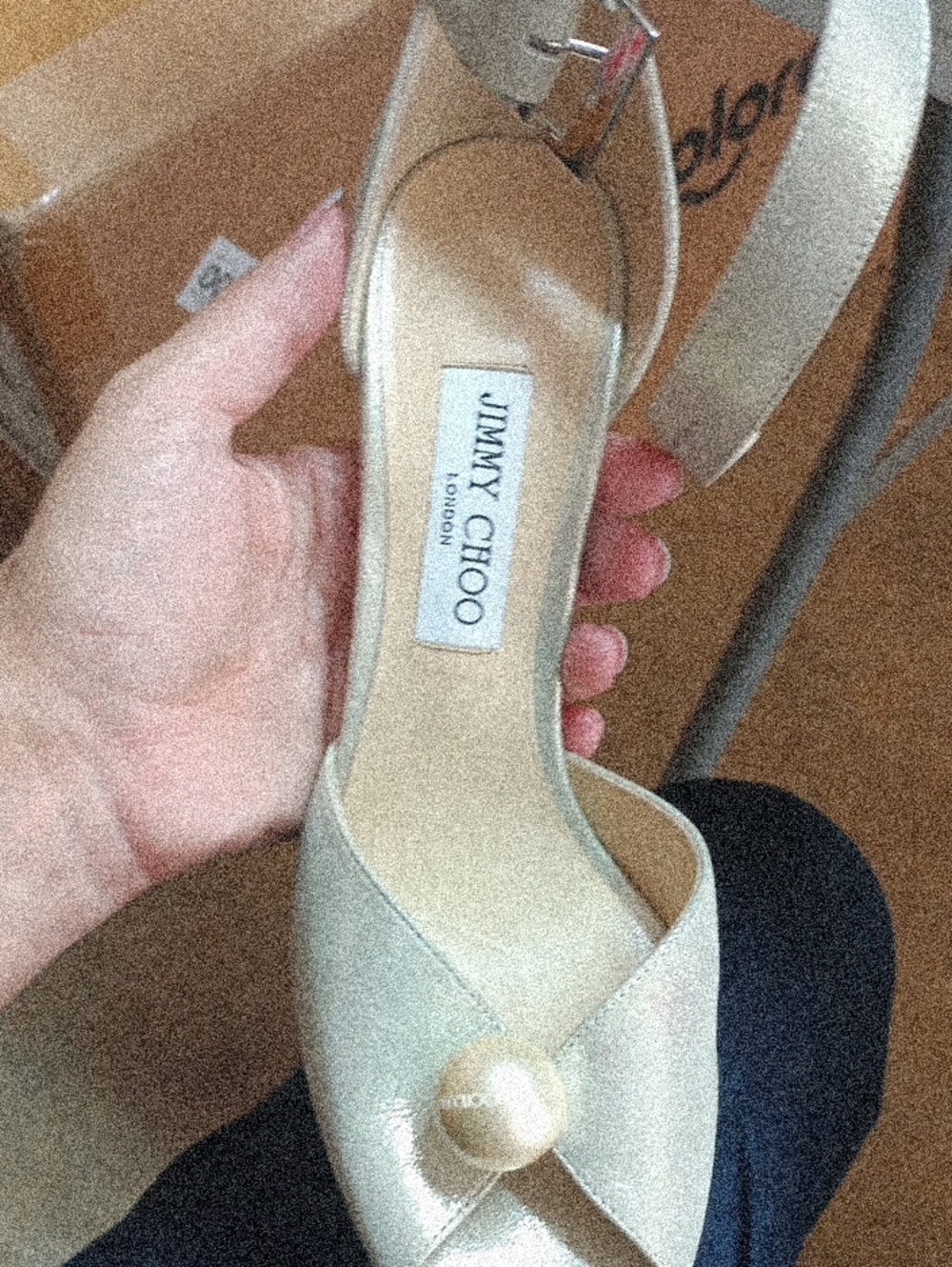Jimmy Choo Ivory Satin Slingback Heels with Button Detail